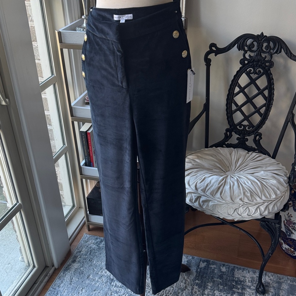 Chic Black Velvet Straight Leg Pants with Gold Accents
